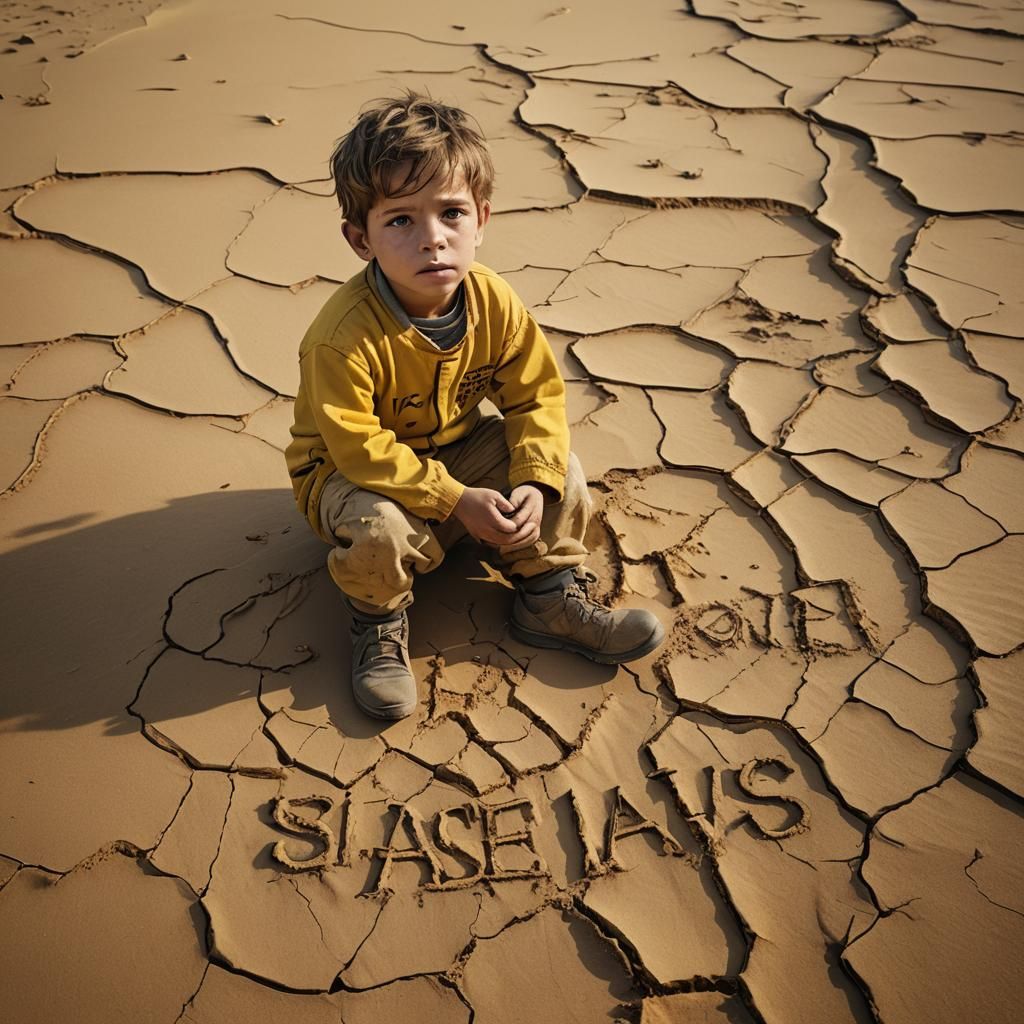 Boy on Cracked Earth with Hebrew Inscription