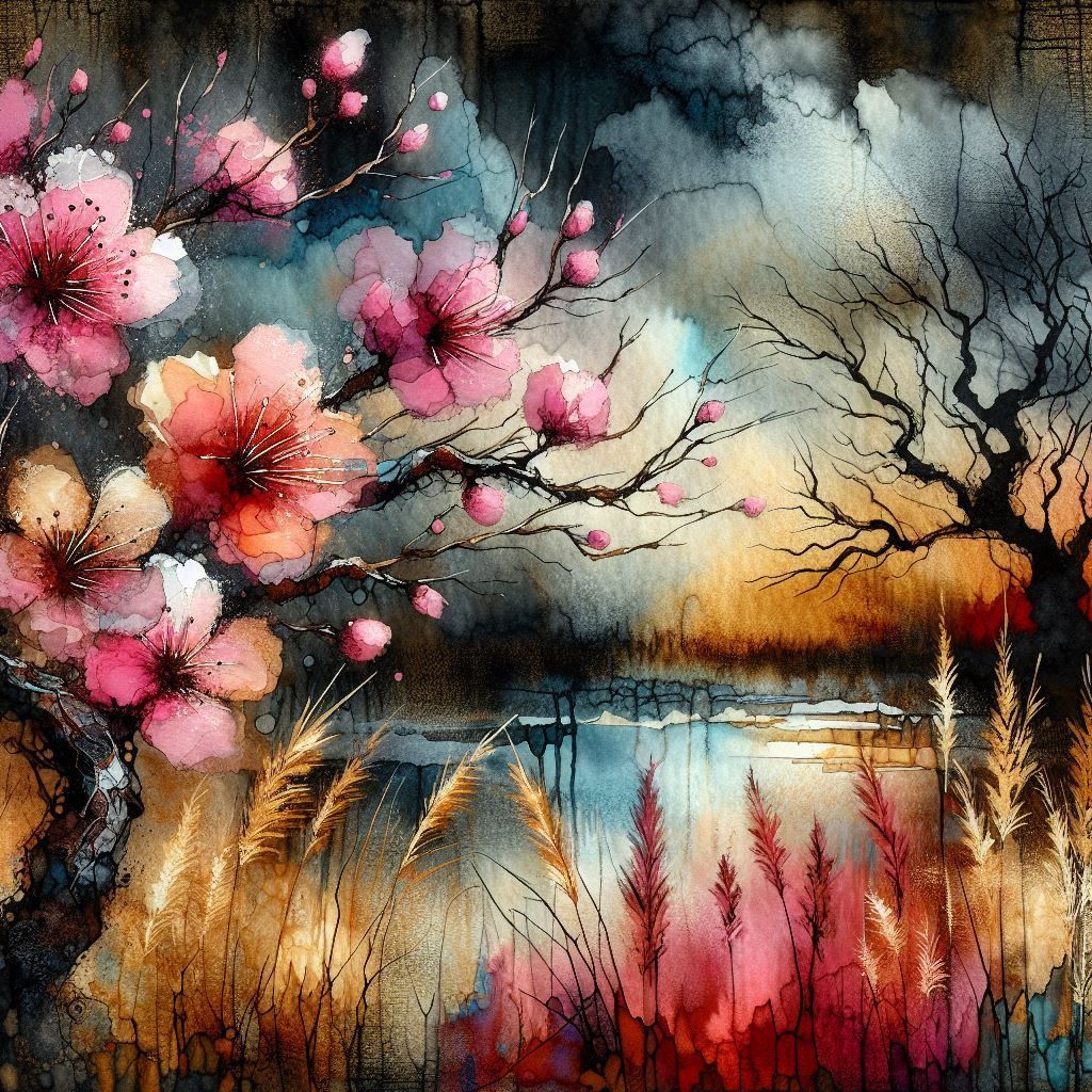 Watercolor Cherry Tree in a cloudy grassy meadow   by @Marshas Creative AI Designs