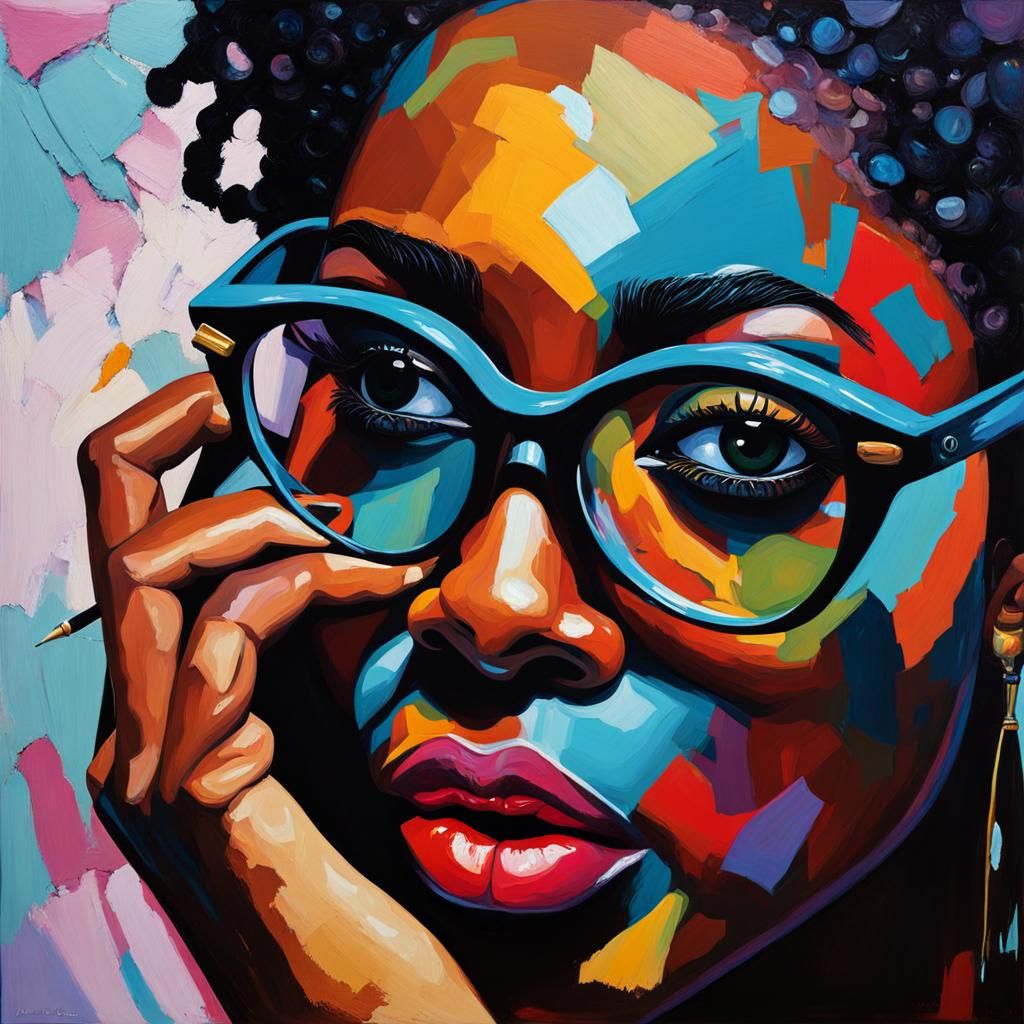 impasto painting, colorful, inquisitive African American wom...