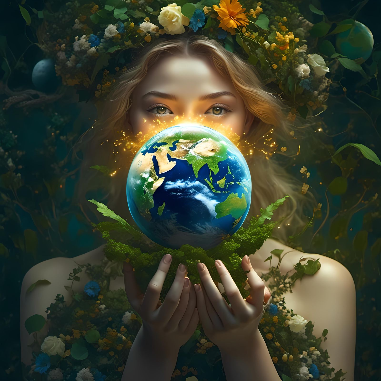 <lora:MakeItPretty:1.0> Mother Nature holding the planet ear...