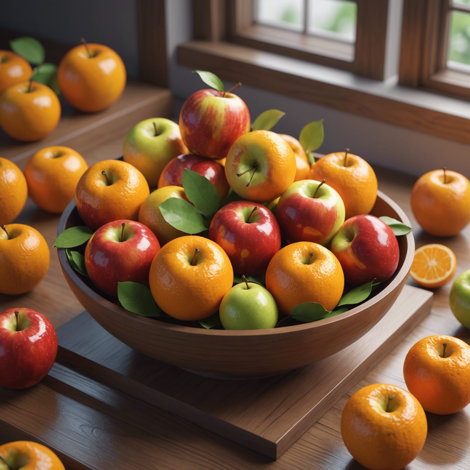 chibi style apples and oranges in a fruit bowl