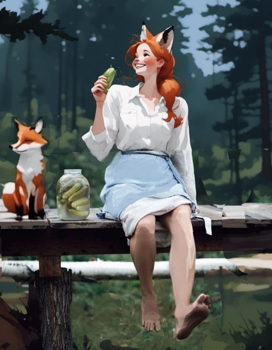Fox-girl Vixen eating a dill pickle
