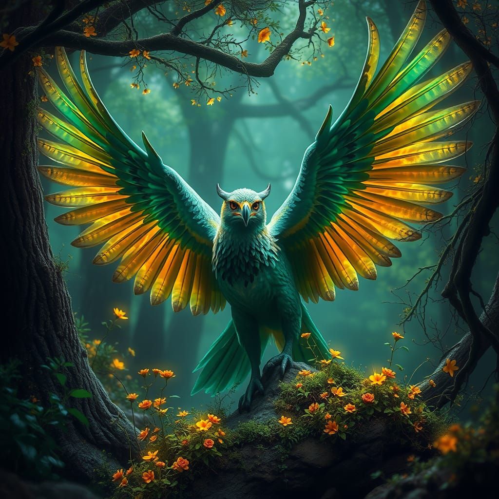 Majestic Glimmerwing Gryphon in Emerald Forest Canopy