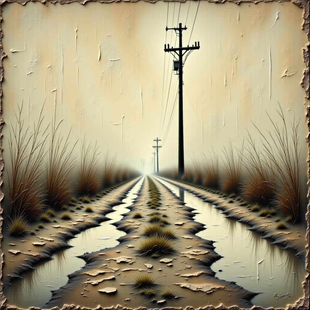 Telephone Pole Crossroads in Encaustic Impasto Style