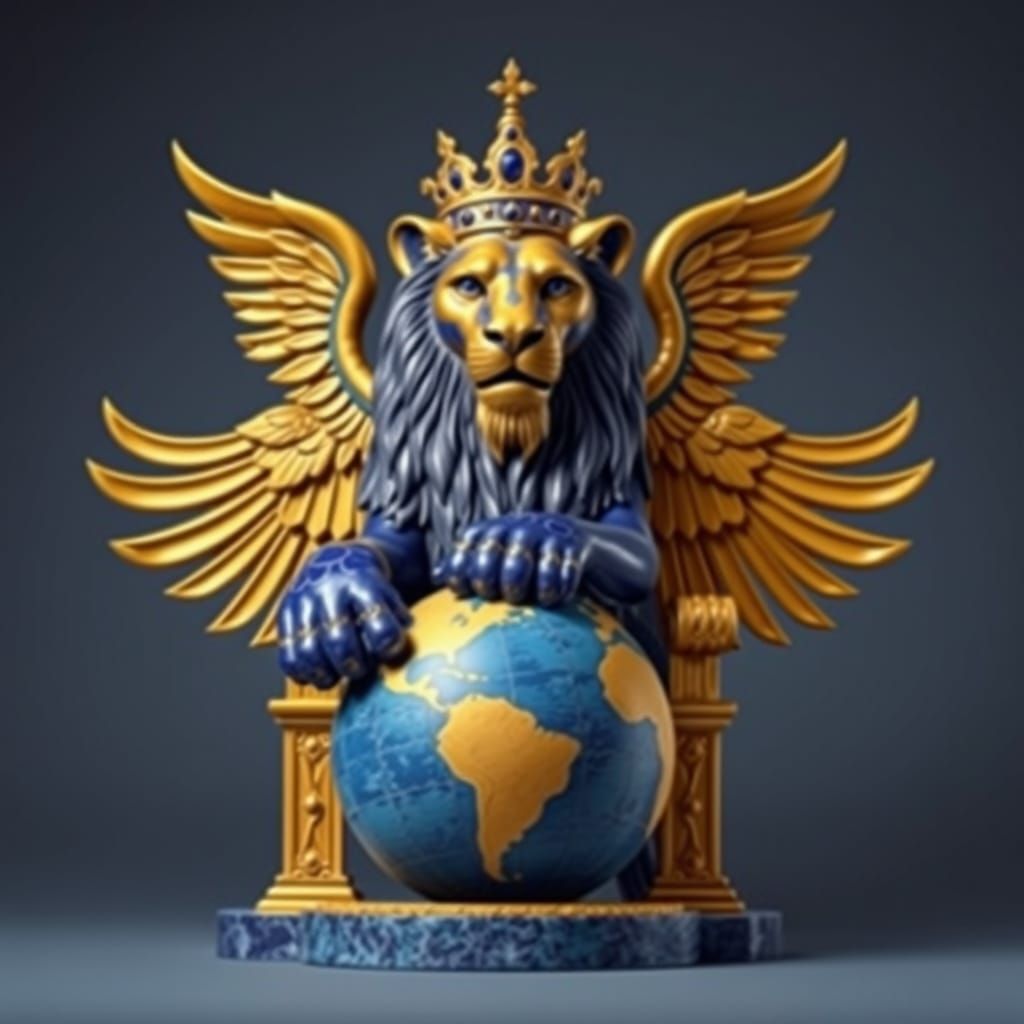 the lion throne of ancient babylon, lapis lazuli and gold, front paw on a globe, wings
