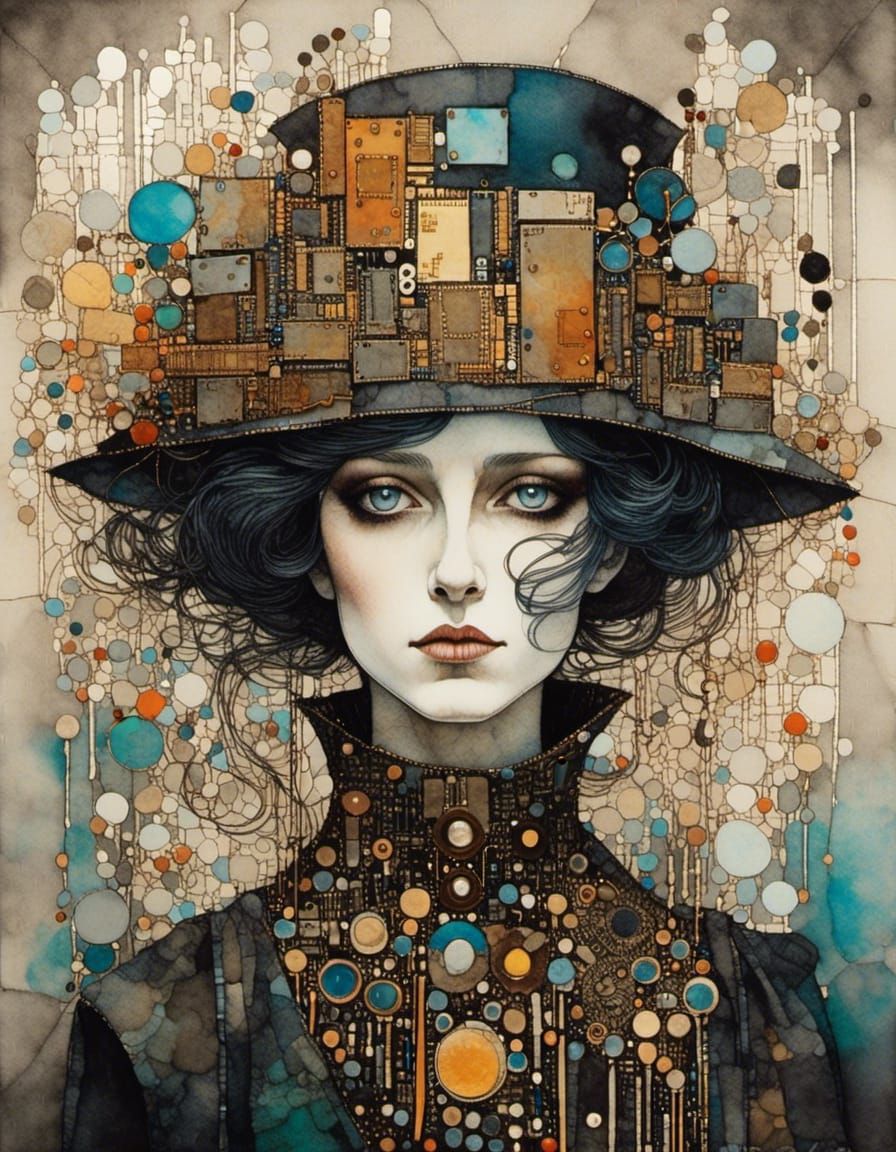 <lora:Circuitous:1.0> portrait woman watercolor in complementary triadic colors and sand by Harry Clarke, Klimt, Gabriel Pacheco, Gris Griml...