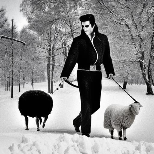 Elvis Presley taking his pet sheep for a walk on a snowy day...