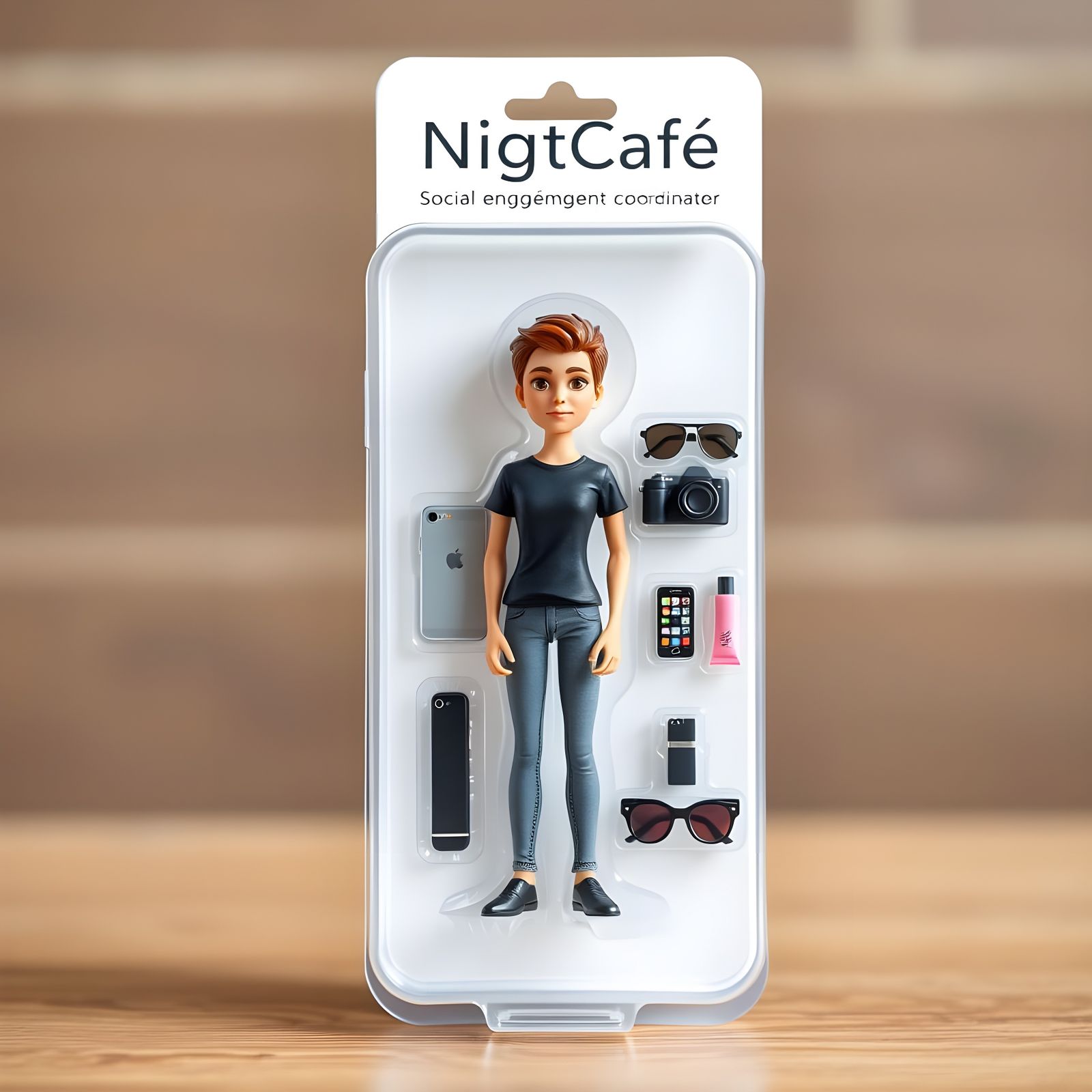 A photograph of a 3D action figure named "NigtCafé" displayed in a clear plastic blister package with ...  by @Challenge