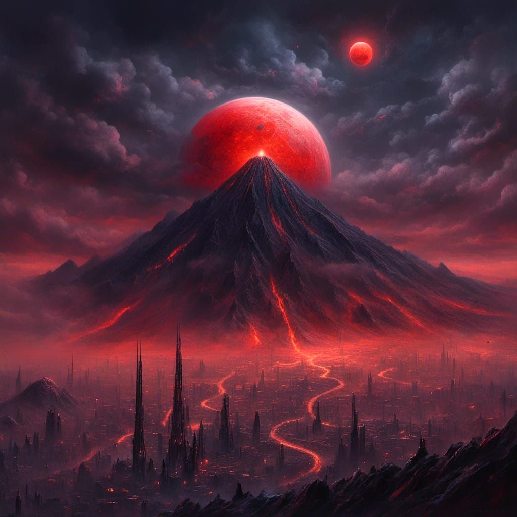<lora:Thunderstrike:1.0> blood moon. Volcano