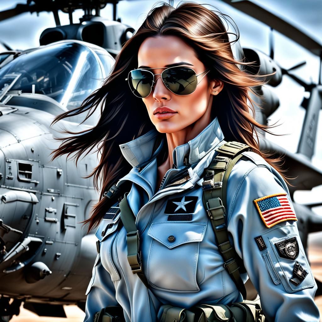 A mid shot of extremely beautiful delicate woman in military...