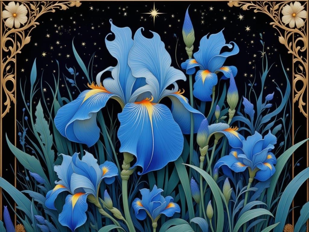 Art Nouveau blue iris flower