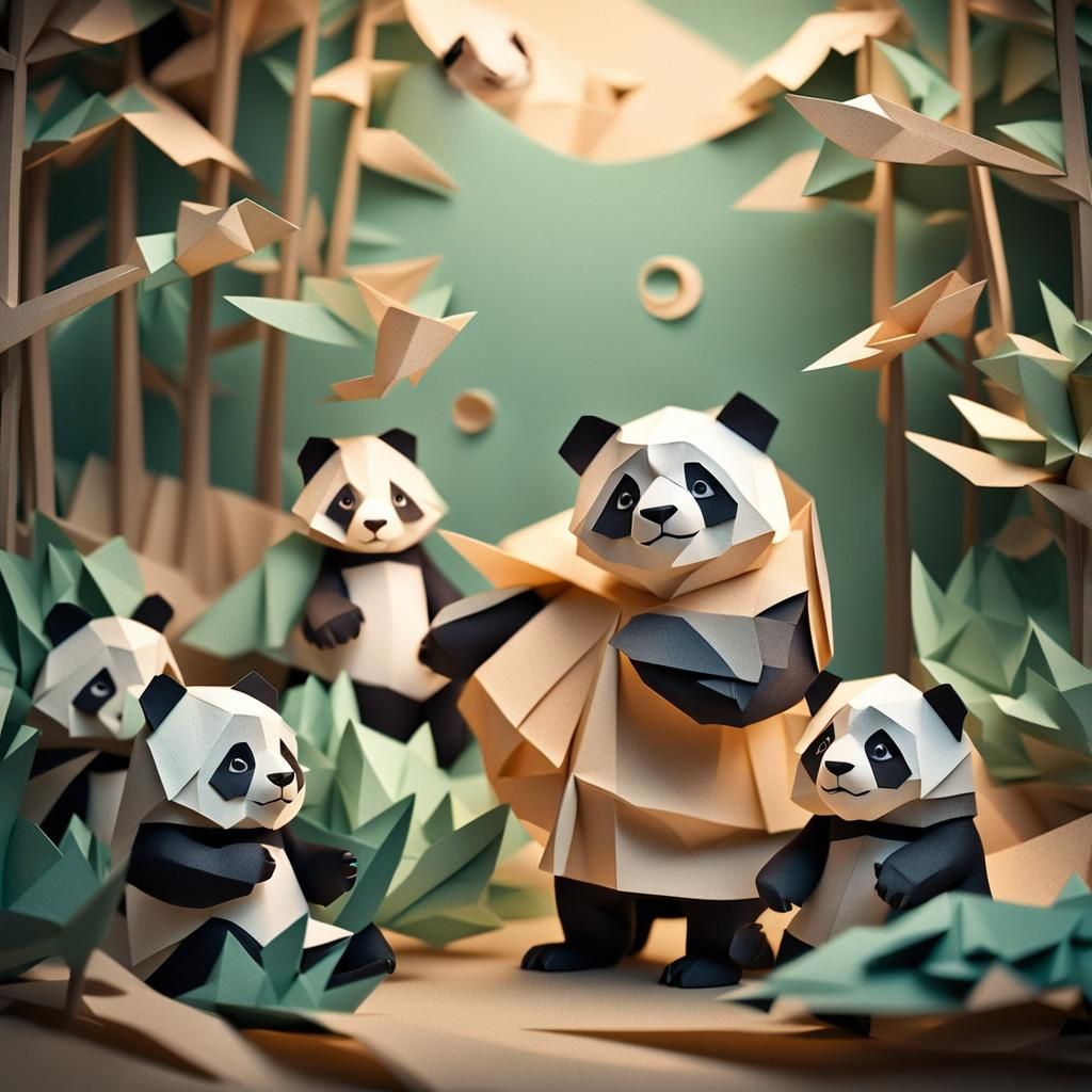 Playful Panda Friends in Whimsical Papercraft Style