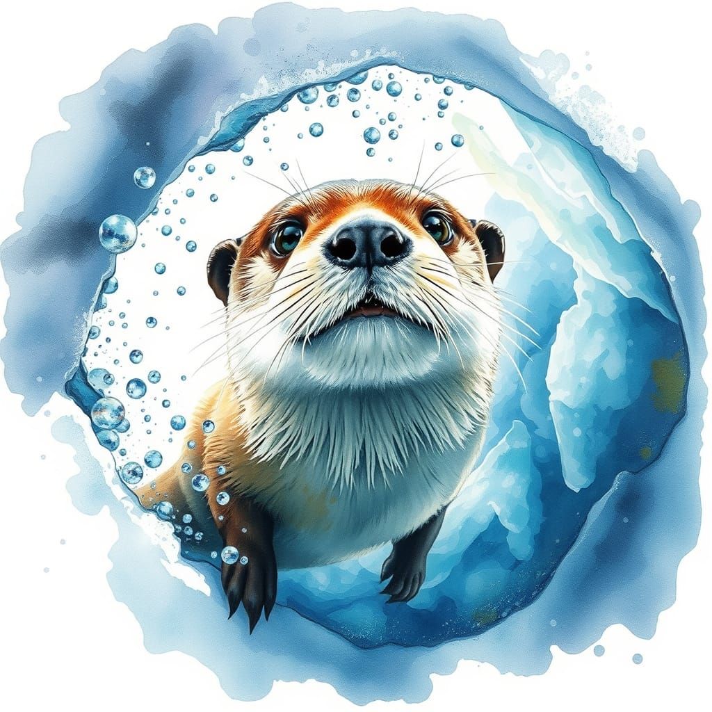Otter in Ice Cave: Watercolor and Cinematic Style