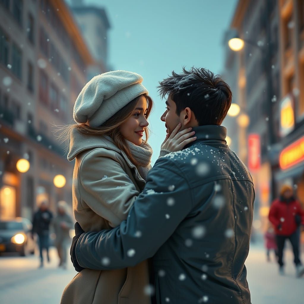 Couple in Snowy Cityscape Embracing with Nostalgia