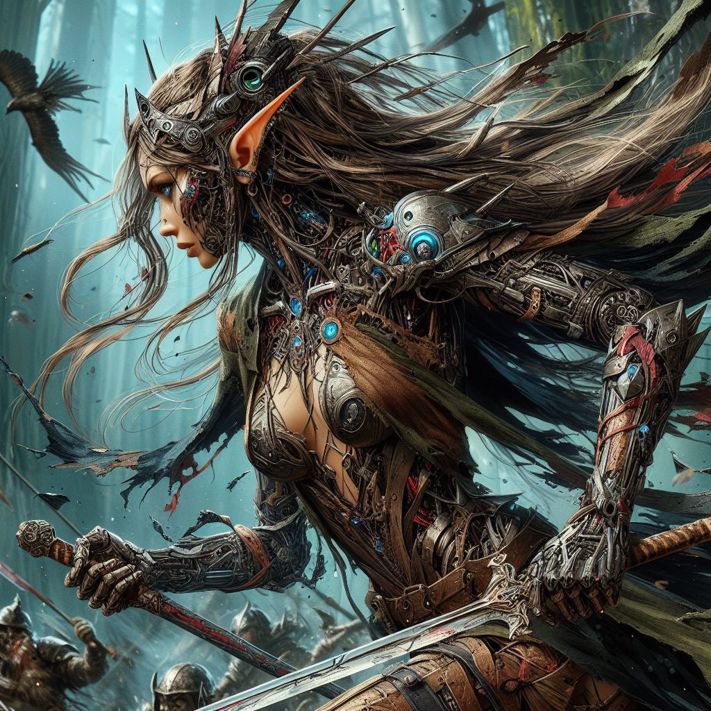 Wood elf cyborg in battle