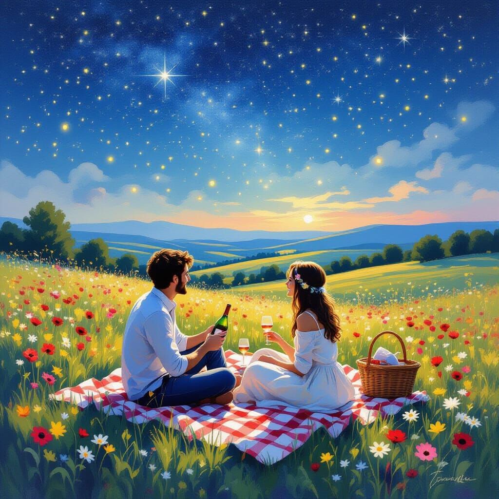 Romantic Picnic Under Twinkling Stars in Impressionistic Sty...