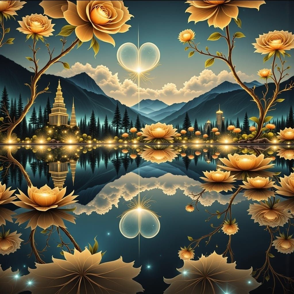 oil painting of infinity realities and reflections of underwater path into the woods in the shape of a huge  glass apple inside lash woods i...