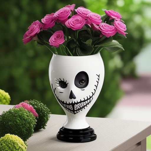 Vase of flowers in style of Tim Burton