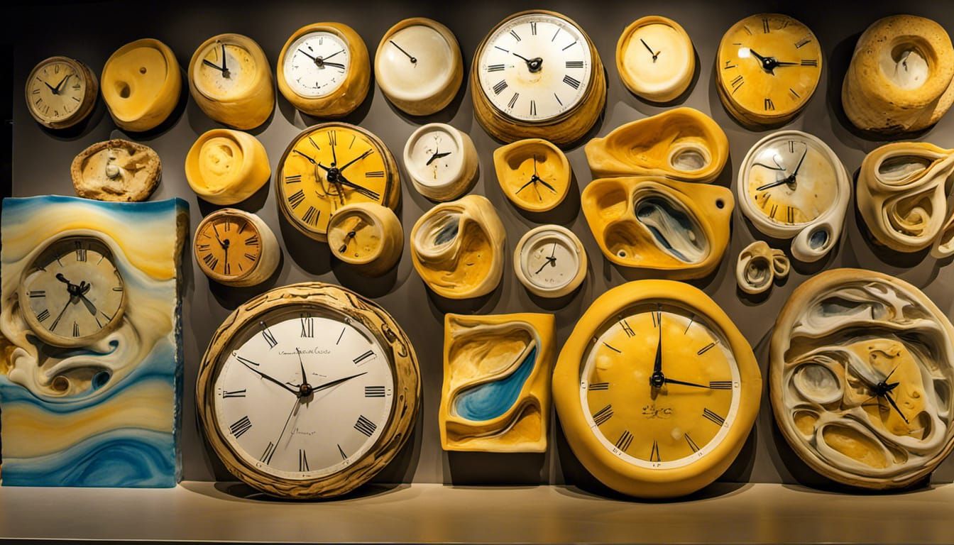Salvador Dali's clocks made of flowing cheese. details, lots of color