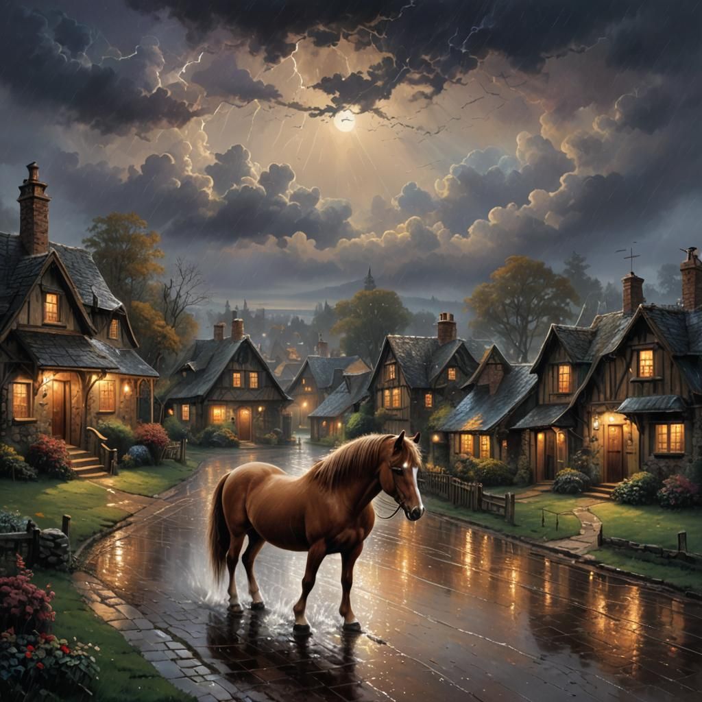 1 brown small pony bare back
 dark rainy village
night
No li...