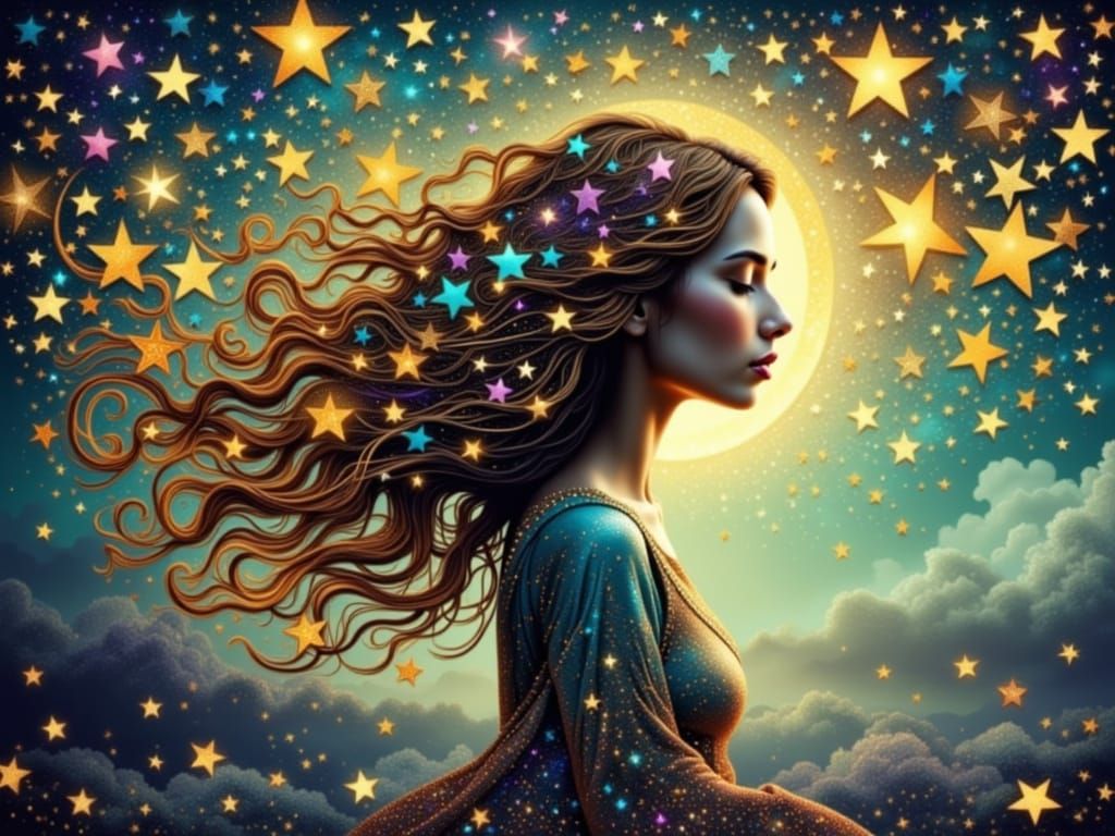 <lora:Art Duced:1.0> Contemporary pointillism. Medium shot. A female figure lies in a relaxed pose on a dark background. Low-angle shot. Vib...