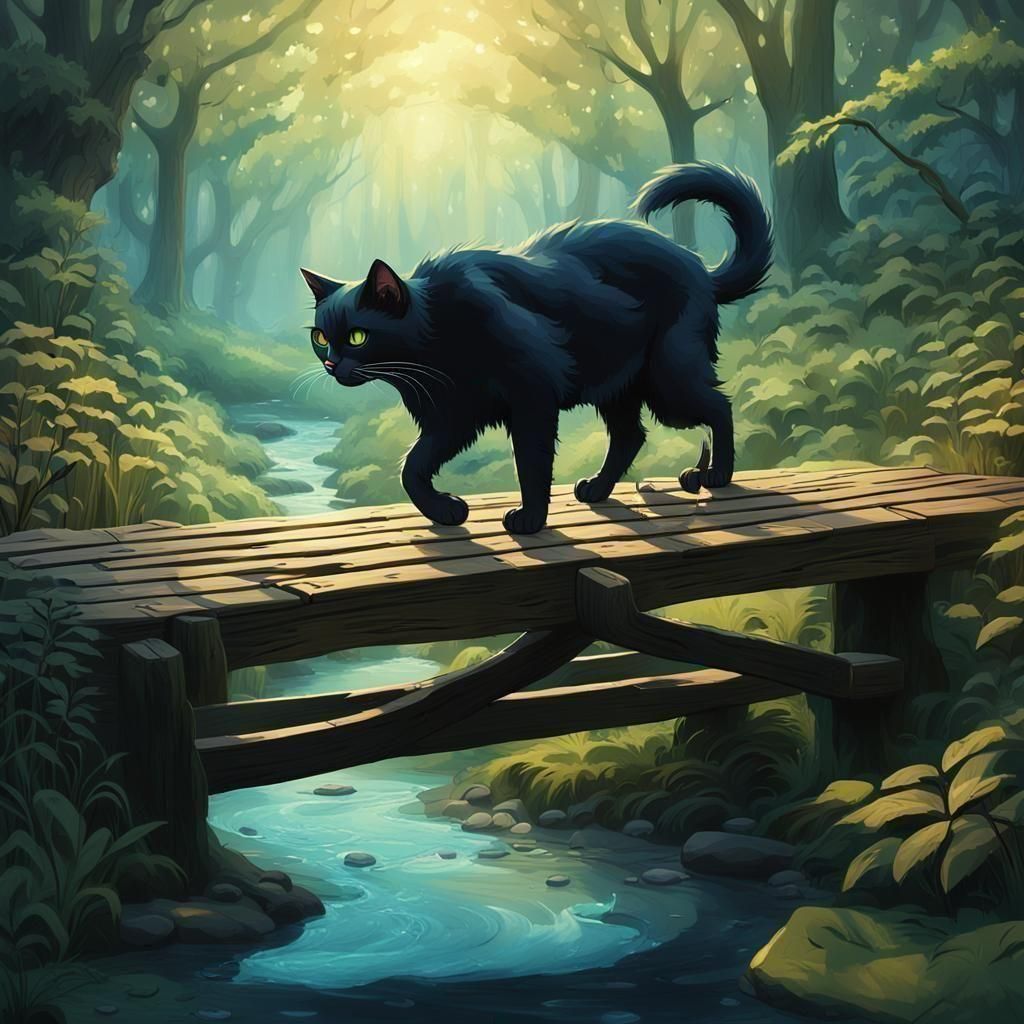 black cat walking across a small wooden bridge over a stream in a lush forest