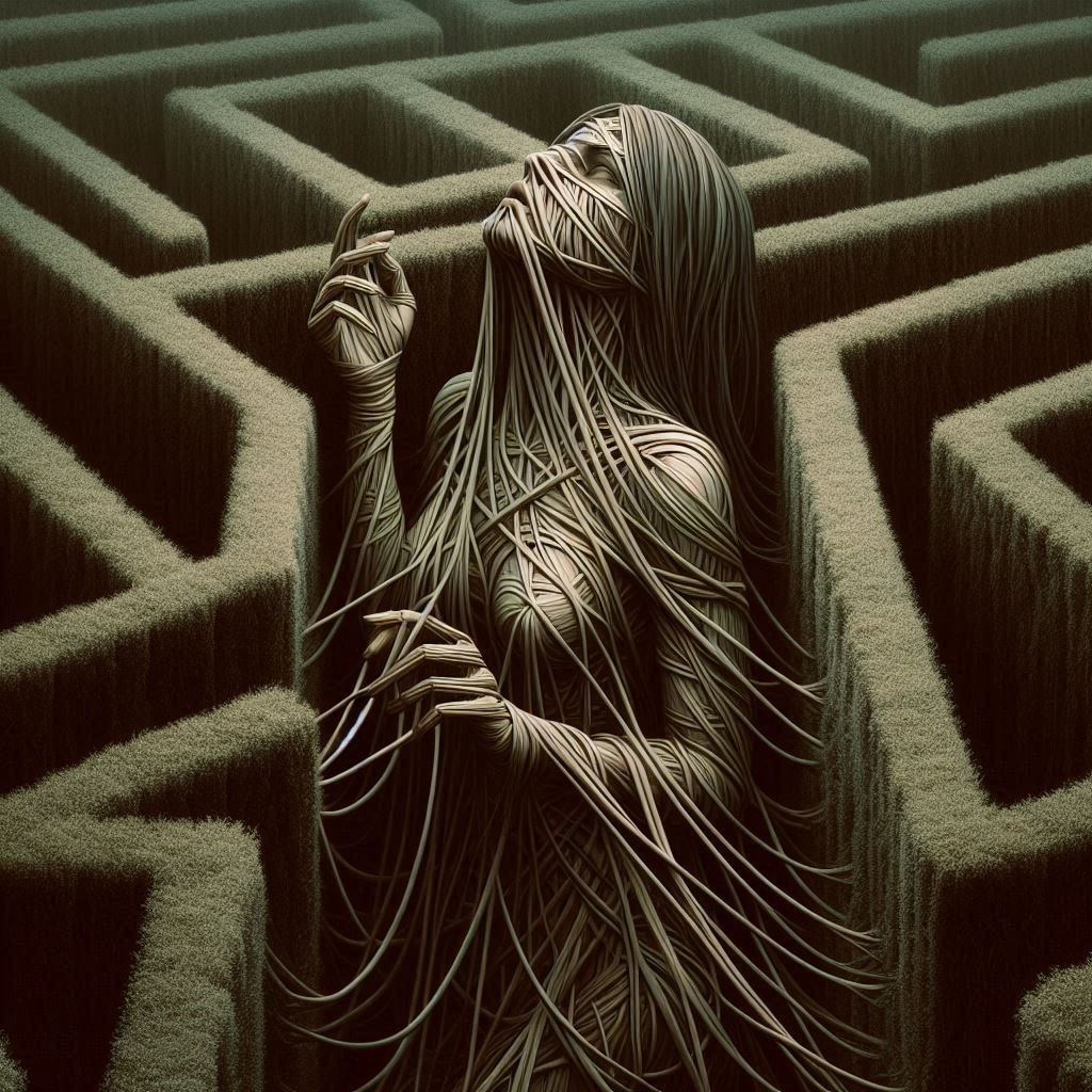 A surreal image of a woman constructed from strings in a hedge maze. The artwork features muted colors and distorted for...
