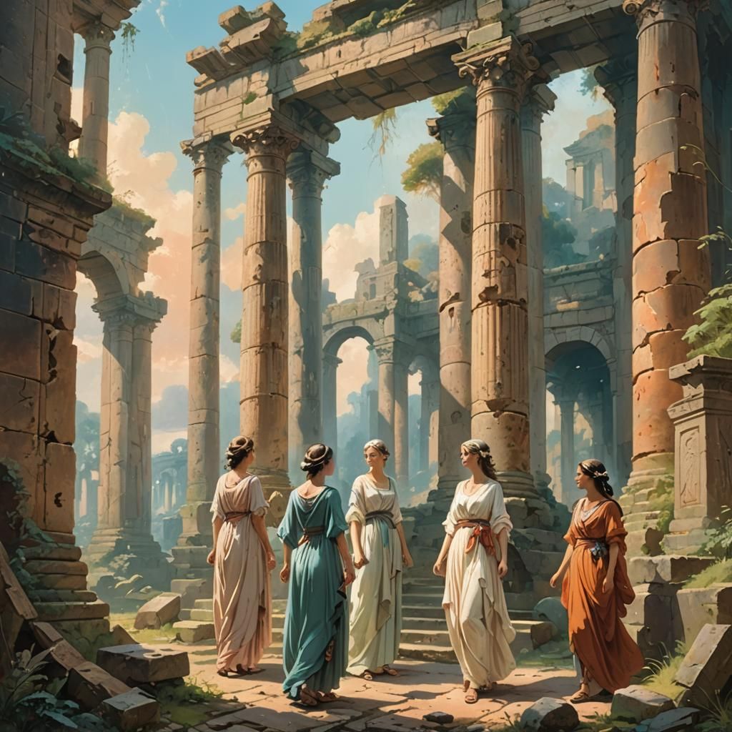 Ethereal Women in Ancient Ruins Oil Painting