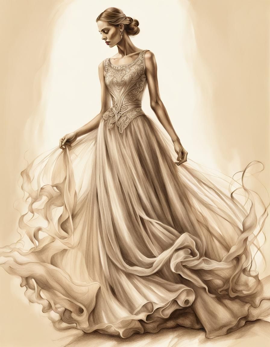 Whesmering artistic art class drawing on cream colored background, of a woman in flowing gown, tulle intricately detailed, fine details, hyp...