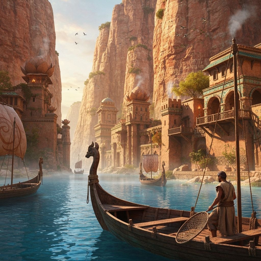 impossibly ancient valley carved between colossal weathered cliffs, their surfaces covered in forgotten symbols, eroded ...