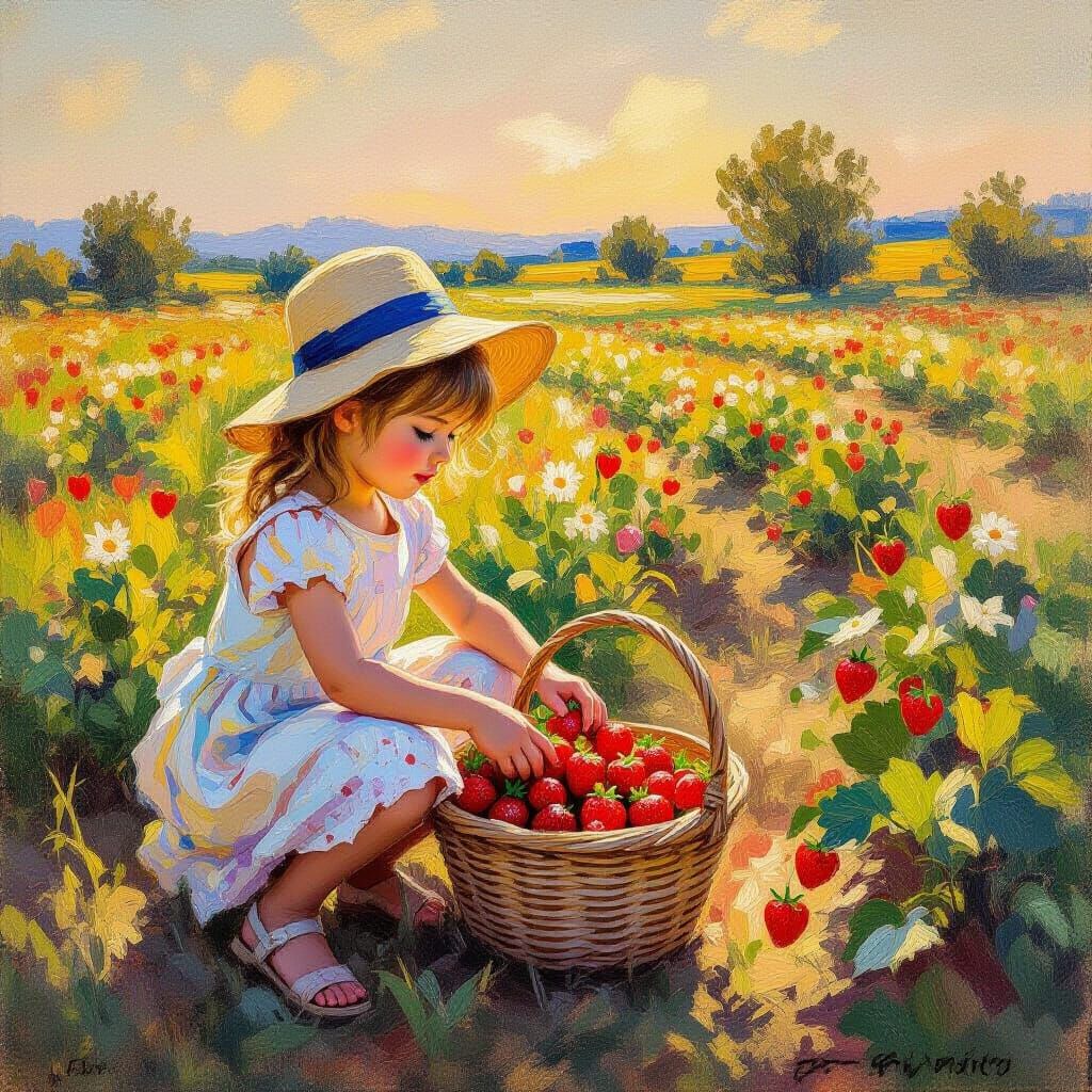 Child Picking Strawberries in Golden Hour Field
