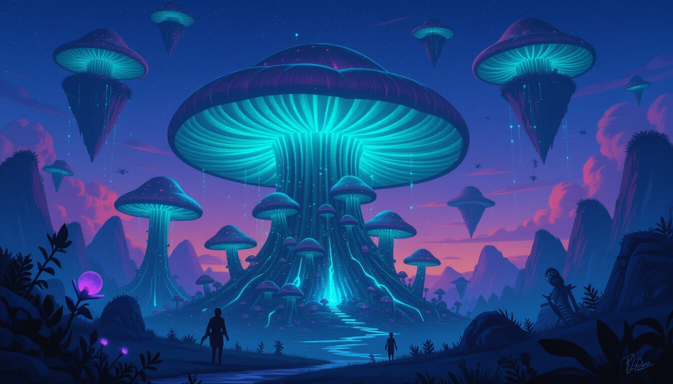 A colossal, bioluminescent mushroom forest at twilight, with strange, alien flora and fauna. Floating islands drift in the sky above, connec...