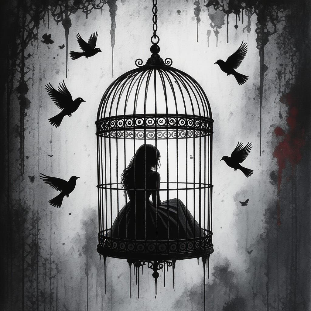 Birdcages Stephen Gammell style, dessin, aquarelle, aquarelles, noir et blanc et rouge , de marais, de ...  by @JennaM