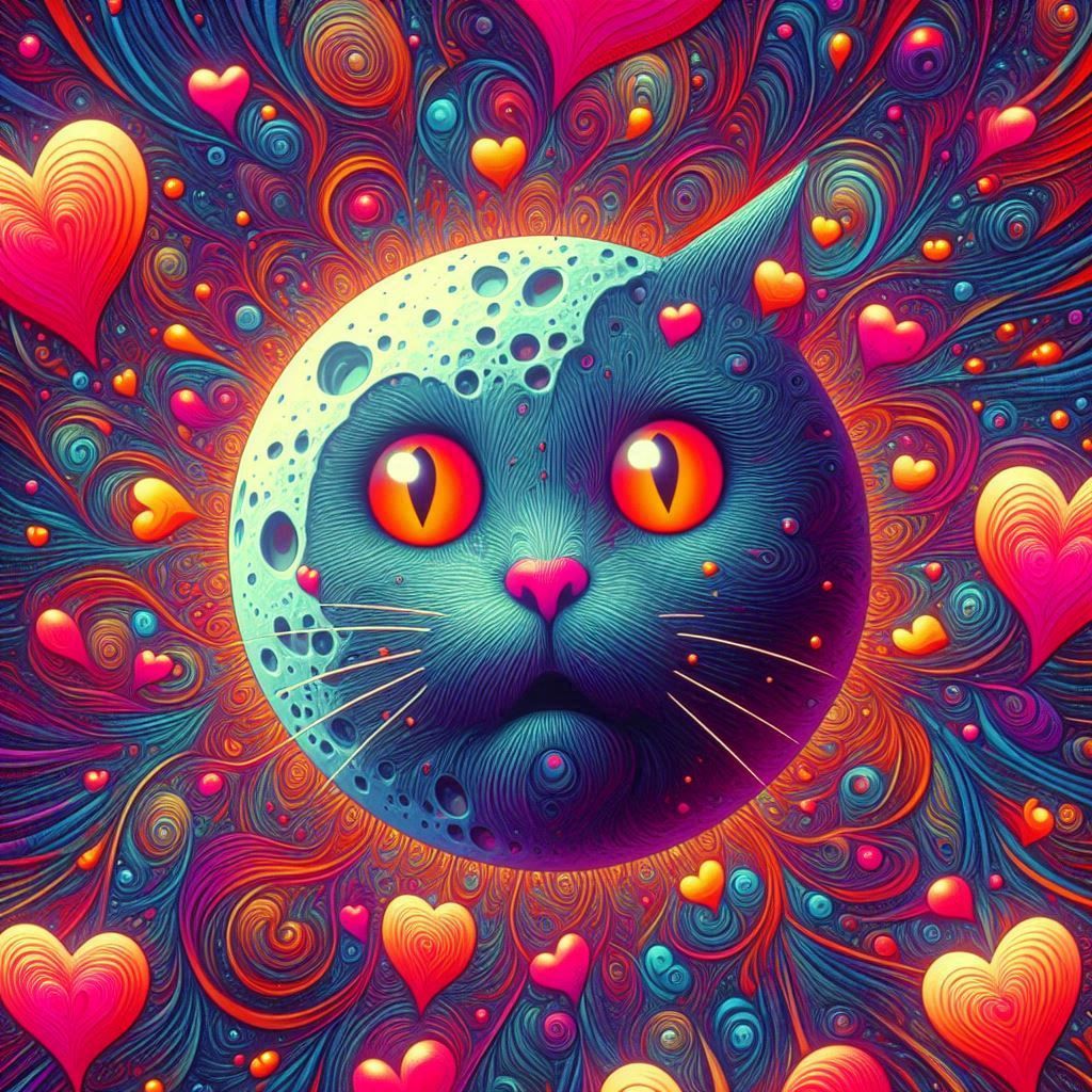 weird art, cat moon and hearts.