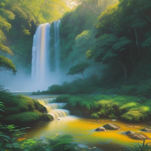 Lush Waterfall with Rare Plants in Impressionistic Style