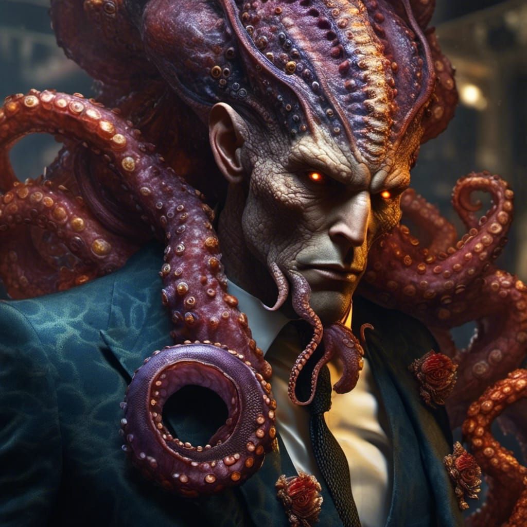 a photorealistic smoking suit man with an hyperdetailed octo...