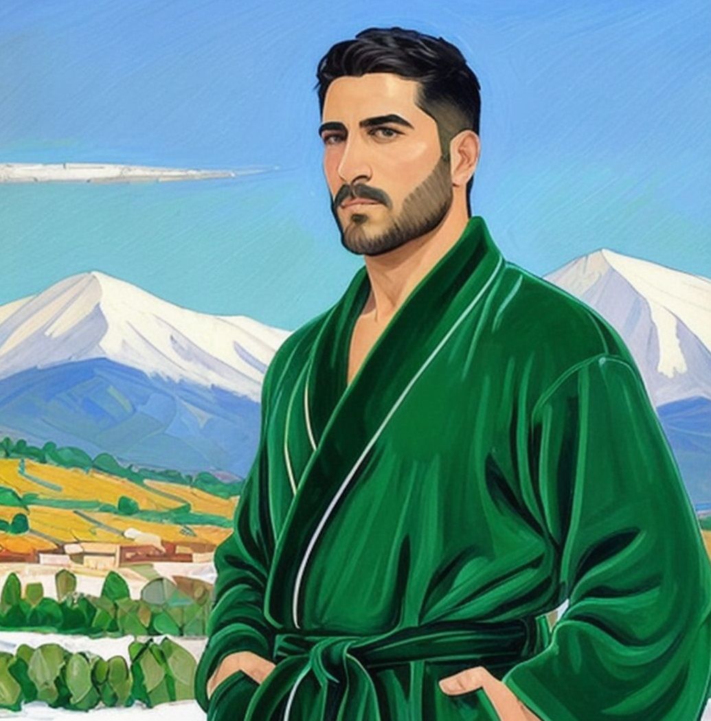 A handsome bearded man   wearing a green velours  bathrobe