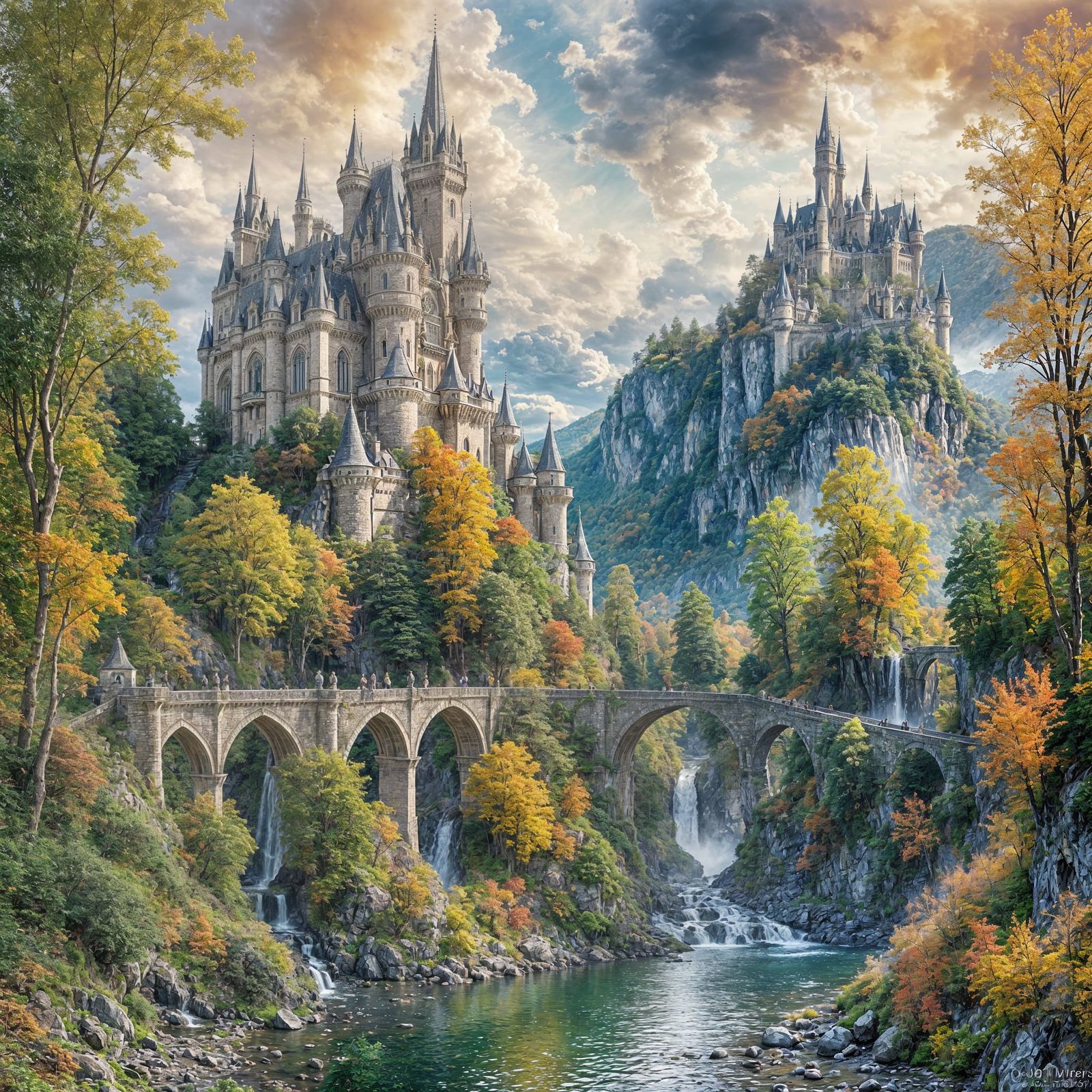 Fantasy Castles Connected by Stone Bridge
