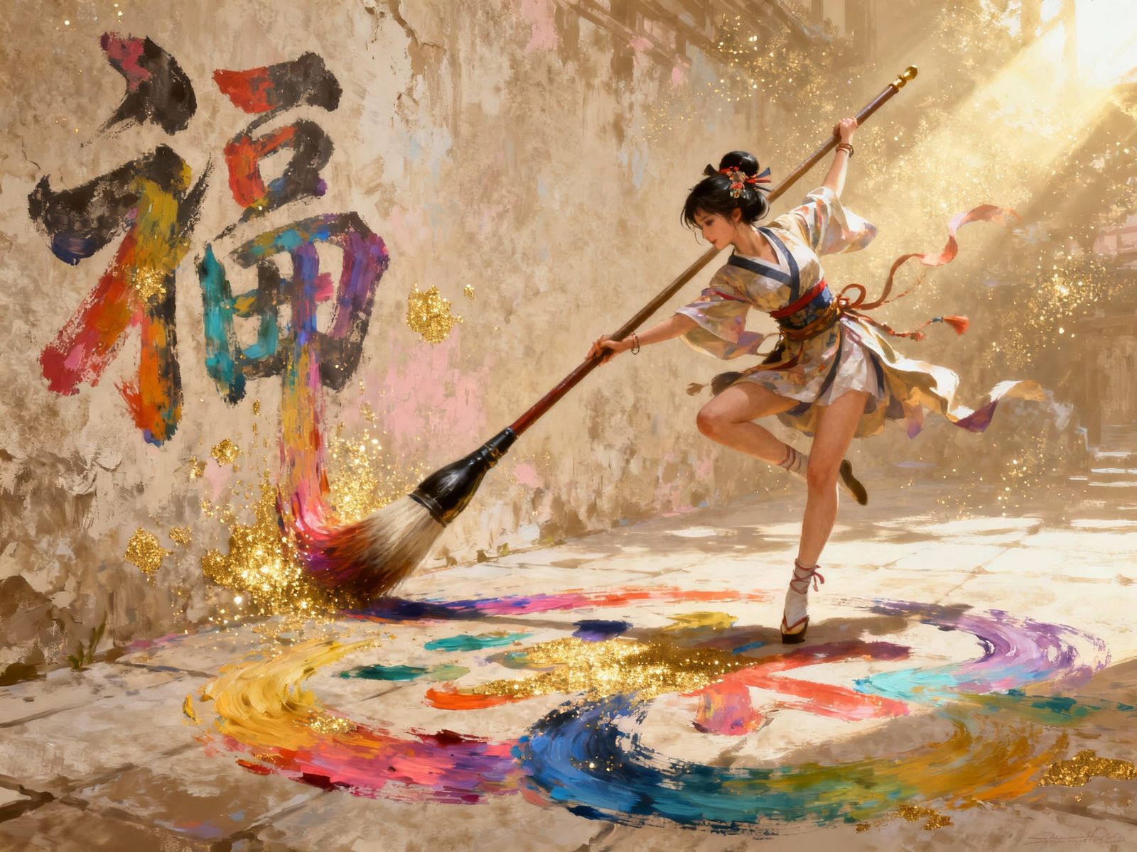 "dramatic painting of beautiful Japanese princess dancing with a giant paint brush, painting beautiful ...  by @Kindly Offer
