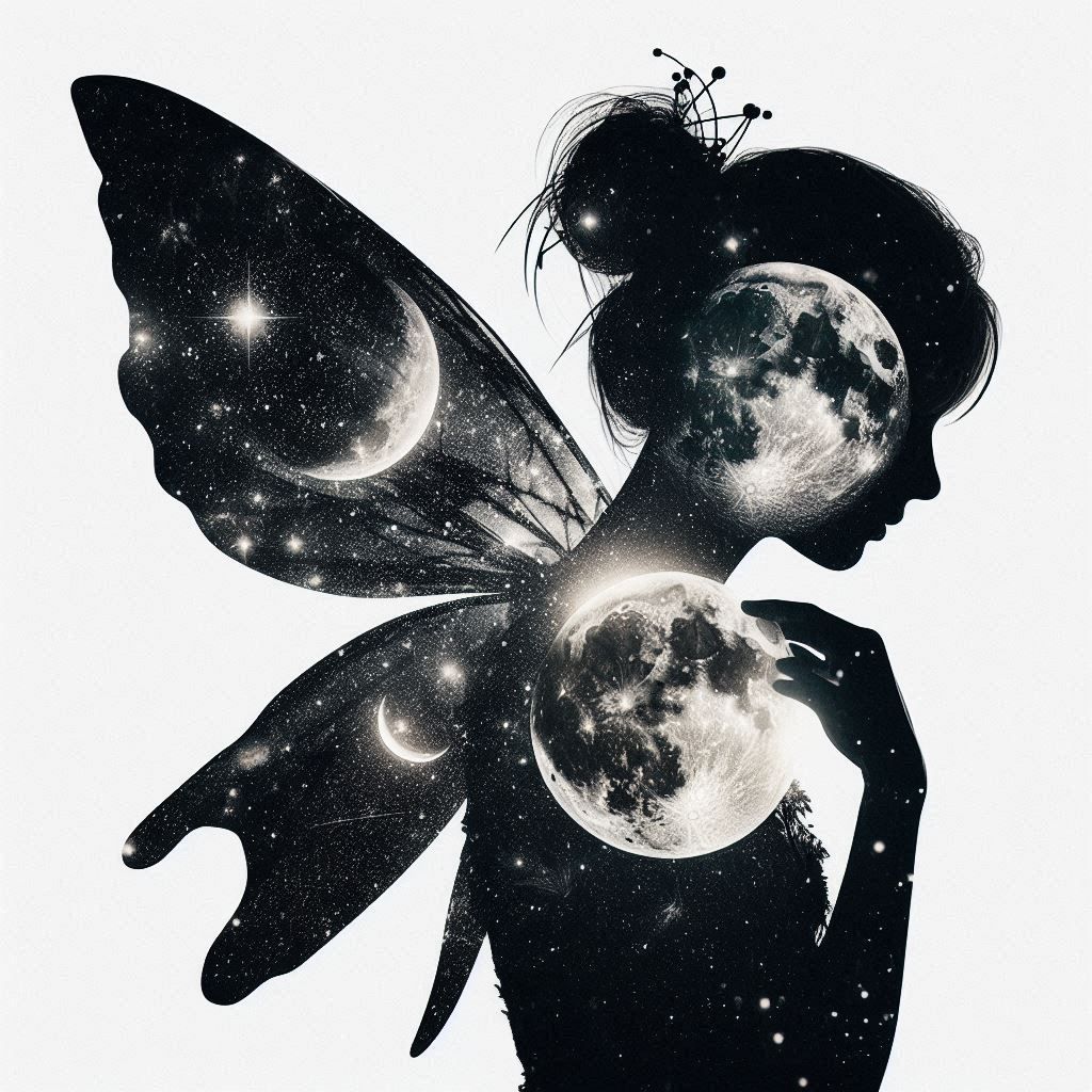 double exposure, silhouette of fairy and moon and stars