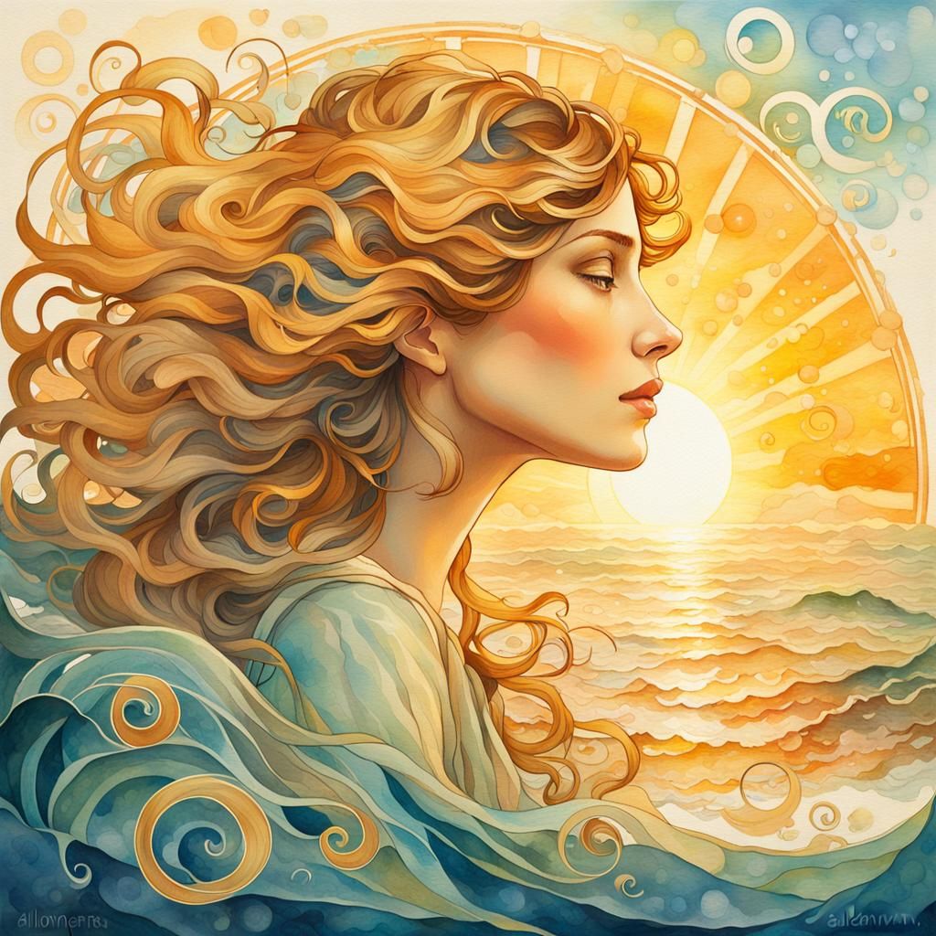 Serene Woman in Sunlit Sea: Art Nouveau Style
