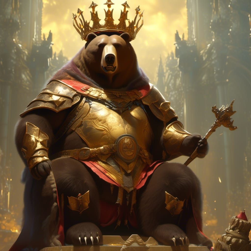 Photograph Happy Obese Bear King, crowned, wearing armor and a robe ...