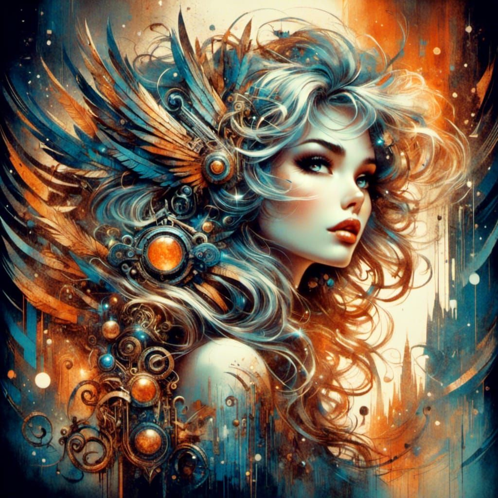 <lora:Artefact:1.0> stunning waist up illustrated retro vintage chick front on in retro futuristic outfit with sci fi sheen, gorgeous hair,...