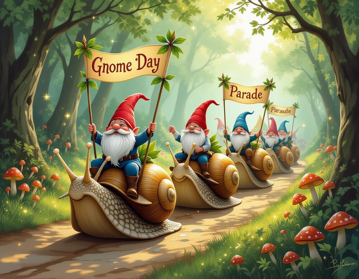 Fairytale illustration. A whimsical scene depicting 'Gnome Day Parade', with gnomes riding on the backs ...  by @Katie May