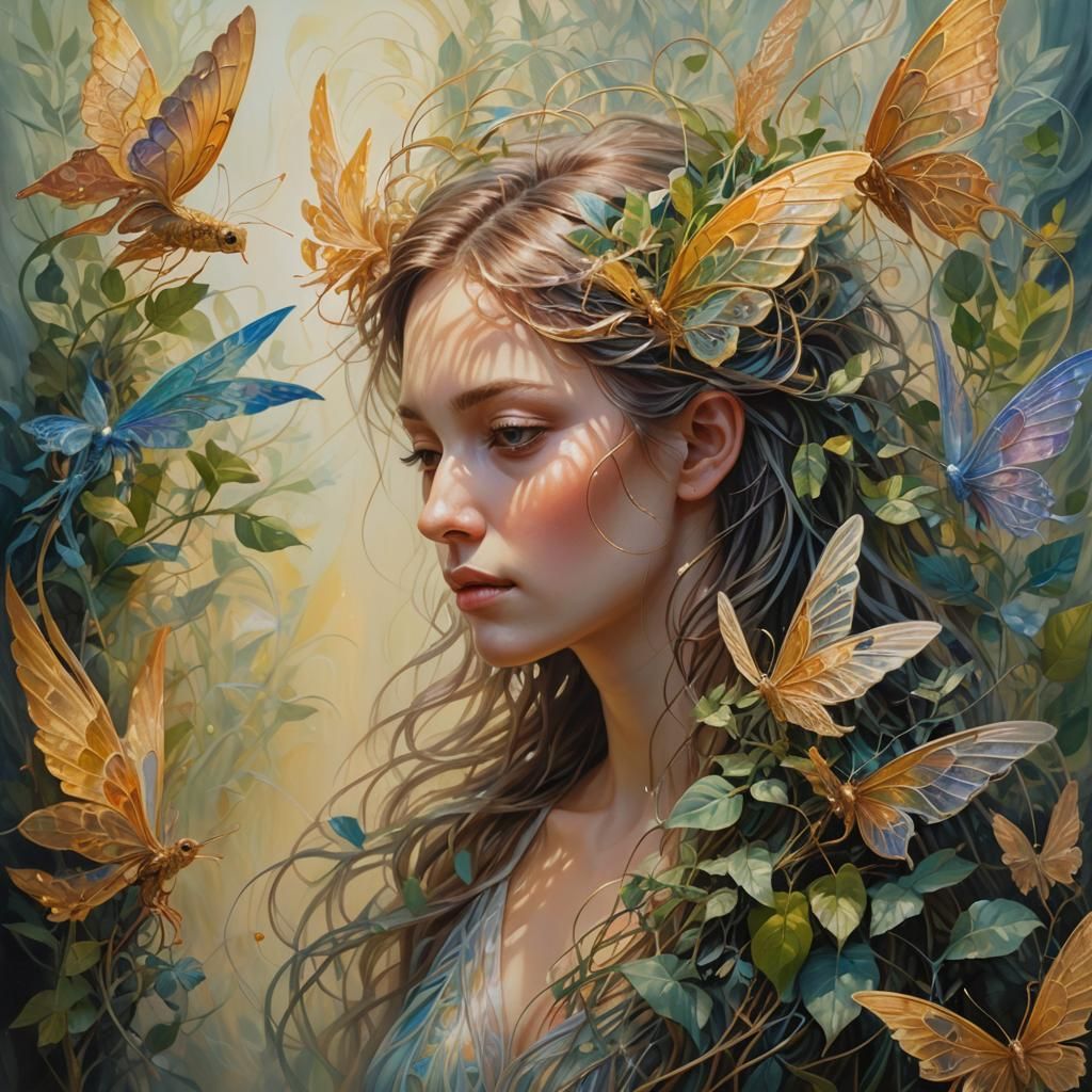 Ethereal Portrait Surrounded by Iridescent Wings, as Precisi...