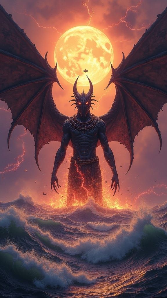 A burning ocean splits in half, and from the rift, Tiamat rises. 