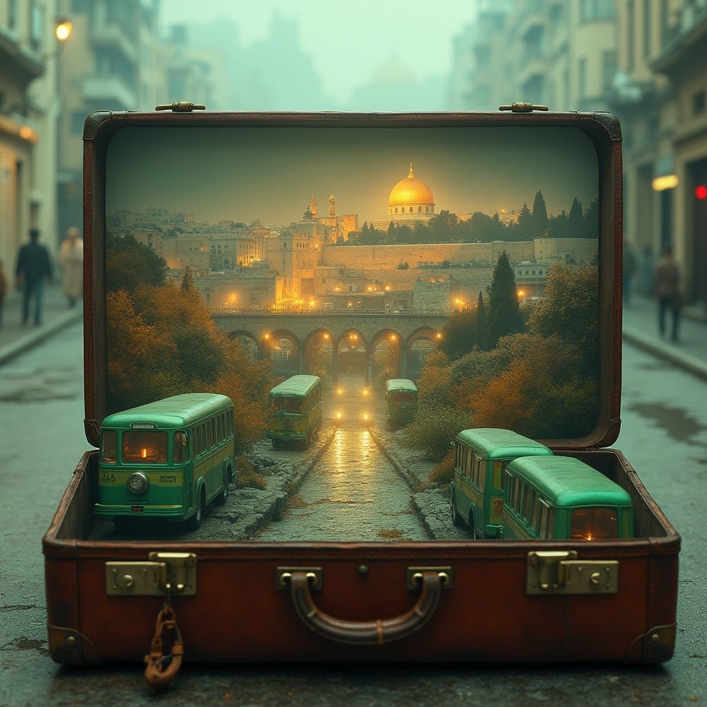 Create a powerful double exposure style image of an open vintage leather suitcase, where the interior of the suitcase seamlessly blends into...