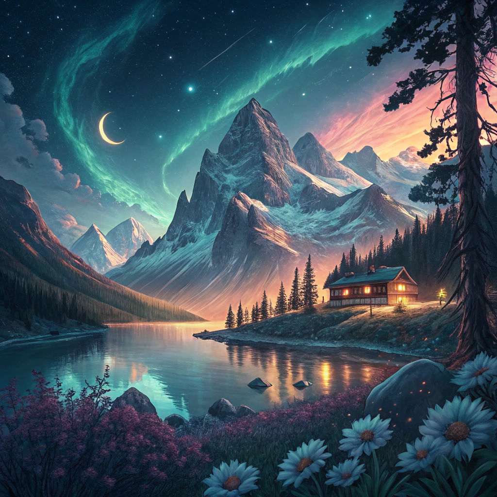 An ethereal mountain landscape at twilight, towering peaks dusted with snow under a vivid, swirling aurora. ...  by @L L 1