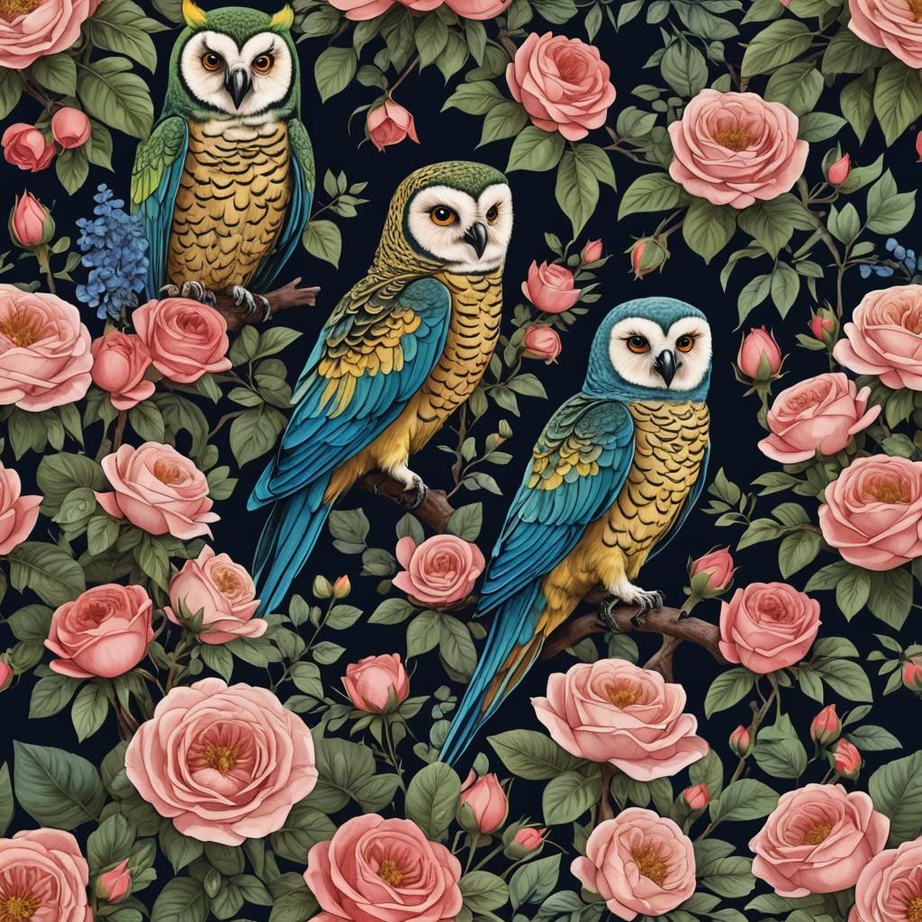 night garden roses owl parrot