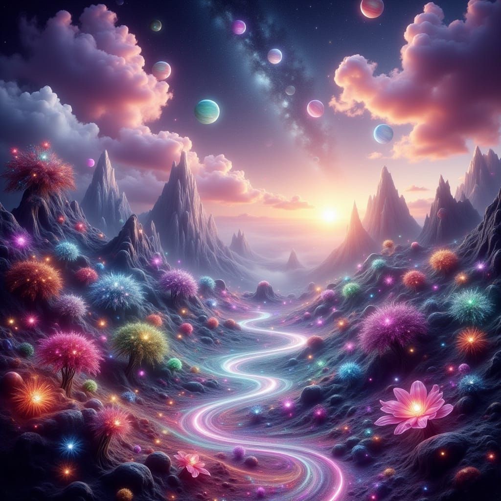 Vibrant Neon Fantasy Landscape with Floating Mountains